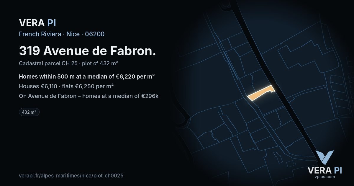 319 Avenue de Fabron, Nice at night – the plot lit, the parcels around coloured by the prices near them