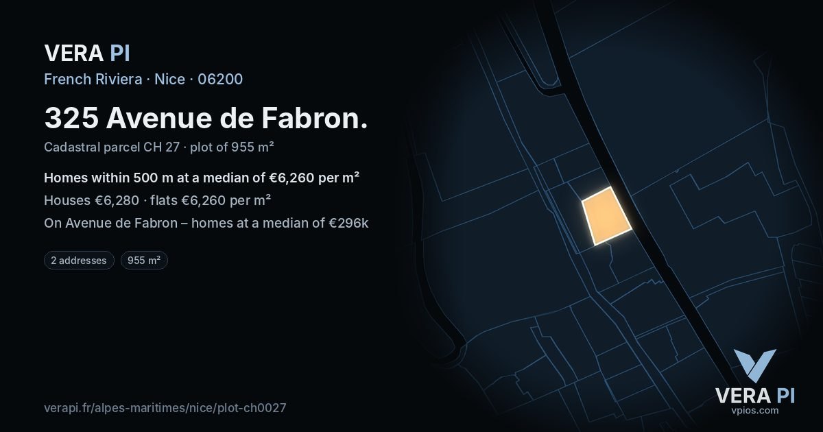 325 Avenue de Fabron, Nice at night – the plot lit, the parcels around coloured by the prices near them