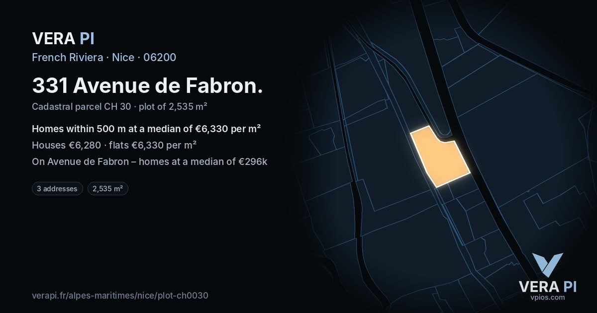 331 Avenue de Fabron, Nice at night – the plot lit, the parcels around coloured by the prices near them