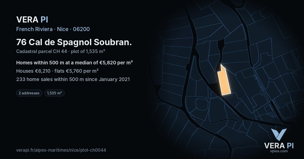 76 Cal de Spagnol Soubran, Nice at night – the plot lit, the parcels around coloured by the prices near them