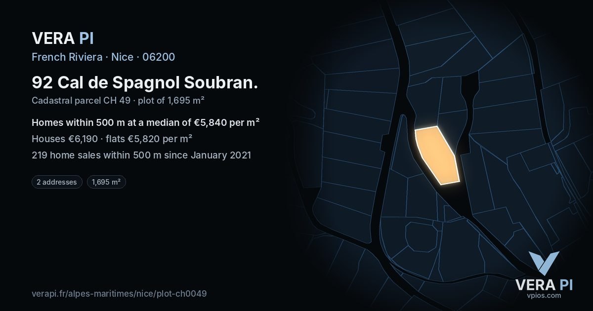 92 Cal de Spagnol Soubran, Nice at night – the plot lit, the parcels around coloured by the prices near them