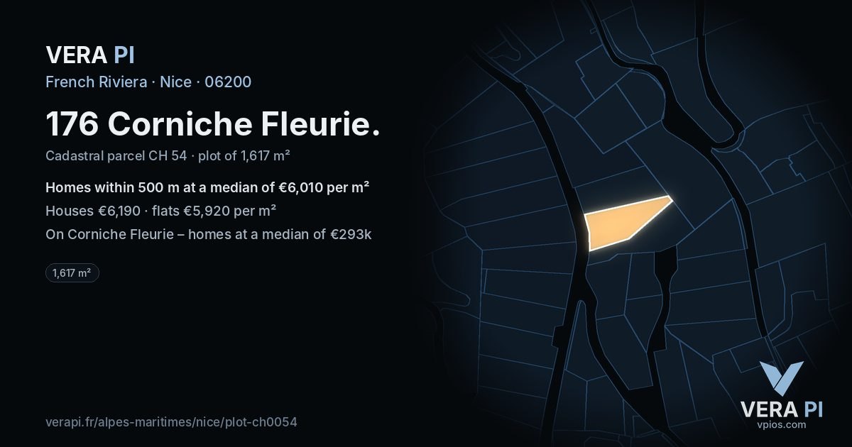 176 Corniche Fleurie, Nice at night – the plot lit, the parcels around coloured by the prices near them