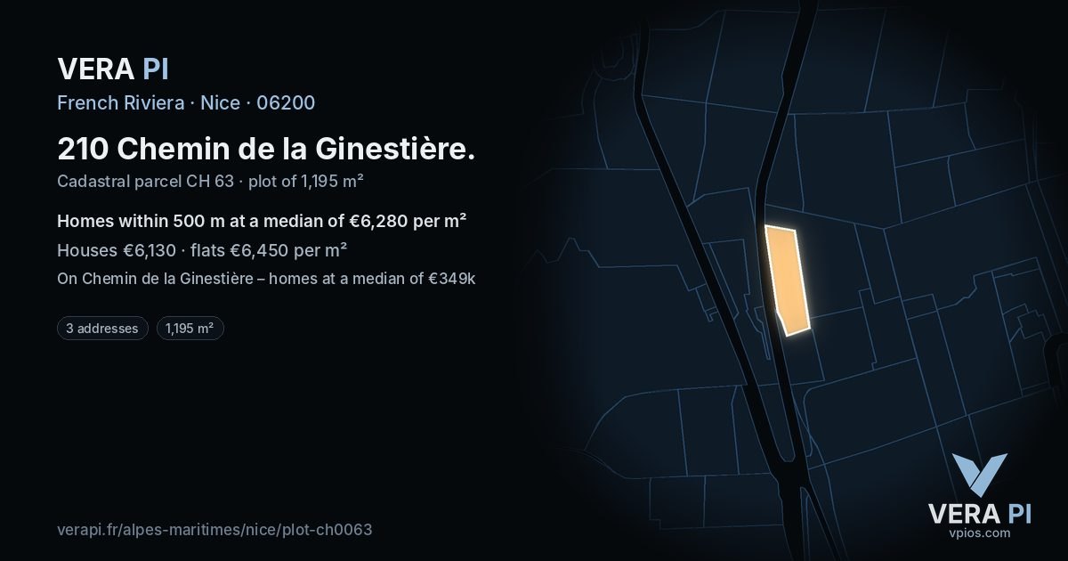 210 Chemin de la Ginestière, Nice at night – the plot lit, the parcels around coloured by the prices near them