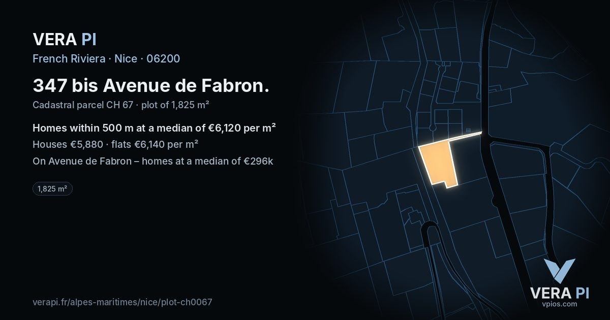 347 bis Avenue de Fabron, Nice at night – the plot lit, the parcels around coloured by the prices near them