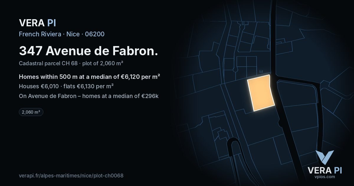 347 Avenue de Fabron, Nice at night – the plot lit, the parcels around coloured by the prices near them