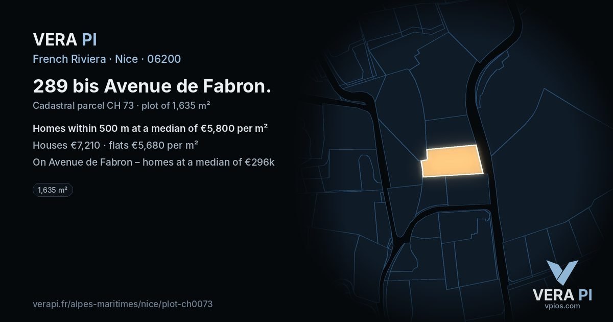 289 bis Avenue de Fabron, Nice at night – the plot lit, the parcels around coloured by the prices near them