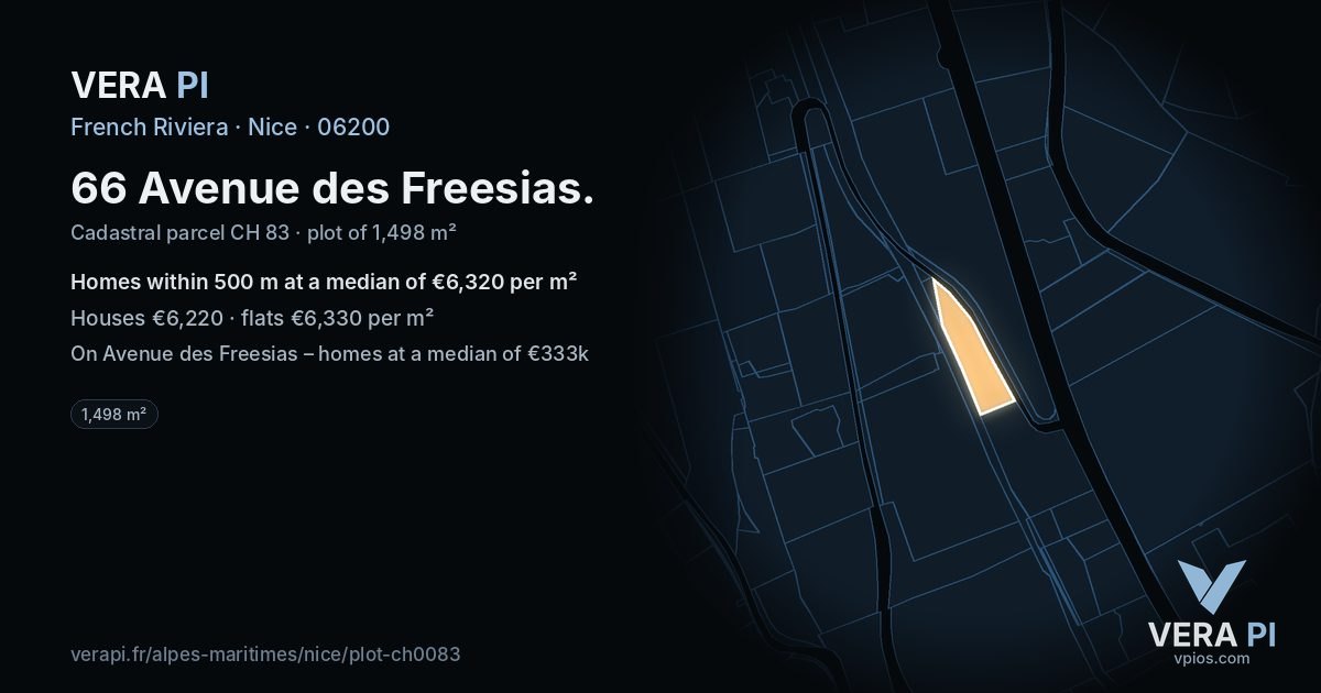66 Avenue des Freesias, Nice at night – the plot lit, the parcels around coloured by the prices near them