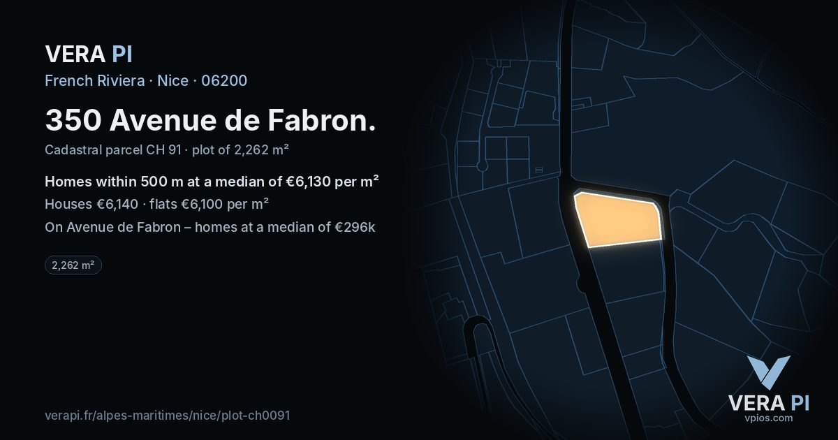 350 Avenue de Fabron, Nice at night – the plot lit, the parcels around coloured by the prices near them