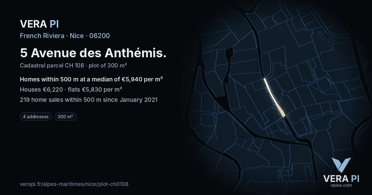 5 Avenue des Anthémis, Nice at night – the plot lit, the parcels around coloured by the prices near them