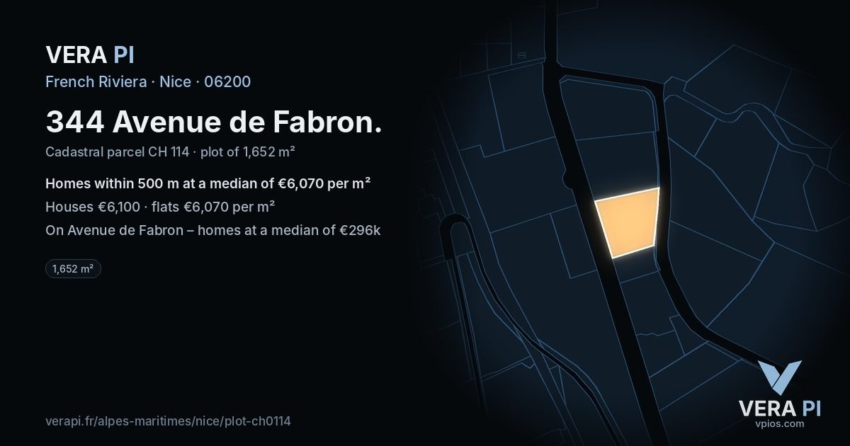 344 Avenue de Fabron, Nice at night – the plot lit, the parcels around coloured by the prices near them