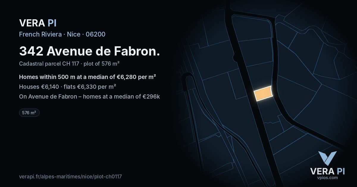 342 Avenue de Fabron, Nice at night – the plot lit, the parcels around coloured by the prices near them