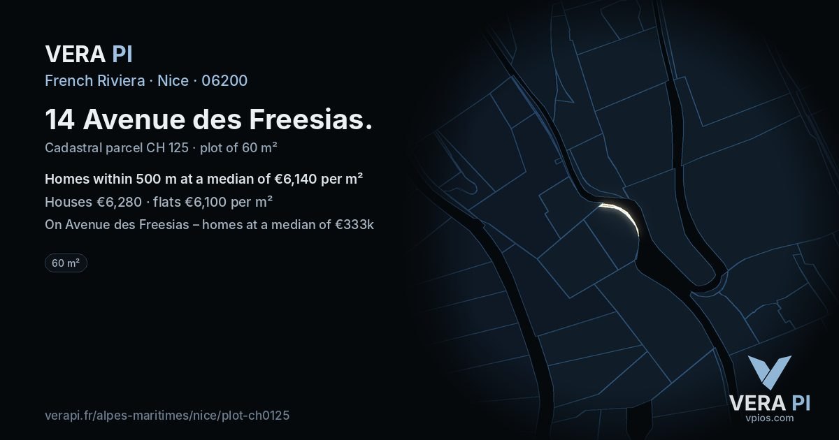 14 Avenue des Freesias, Nice at night – the plot lit, the parcels around coloured by the prices near them