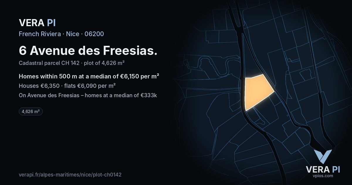 6 Avenue des Freesias, Nice at night – the plot lit, the parcels around coloured by the prices near them