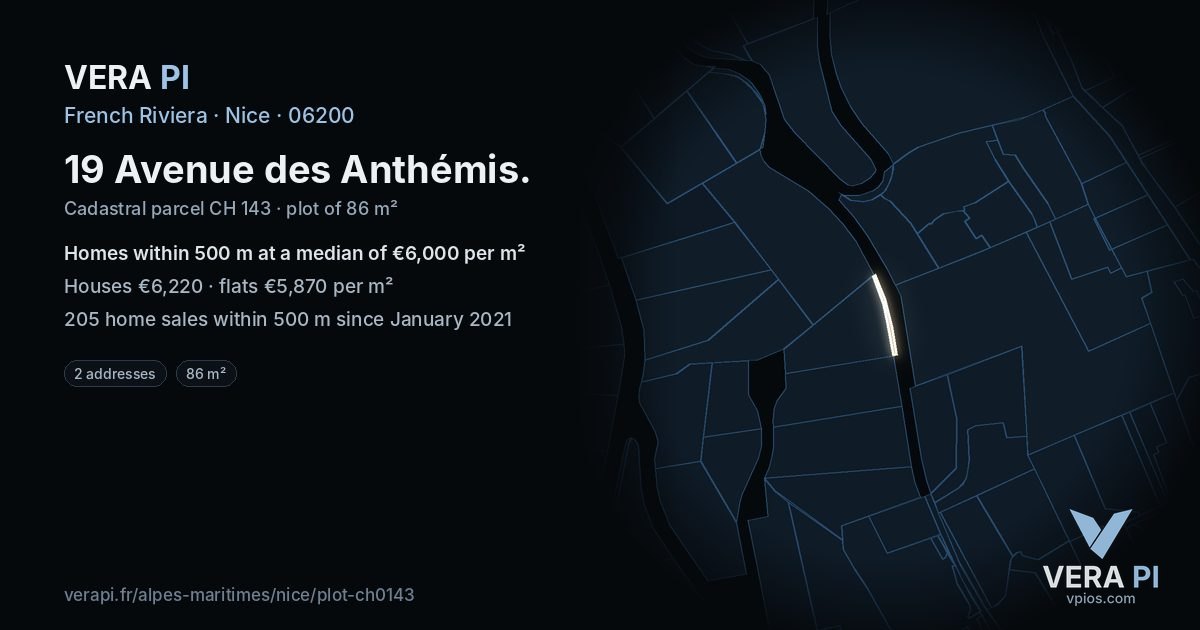 19 Avenue des Anthémis, Nice at night – the plot lit, the parcels around coloured by the prices near them