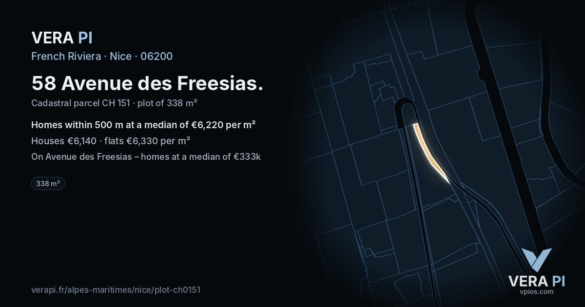 58 Avenue des Freesias, Nice at night – the plot lit, the parcels around coloured by the prices near them