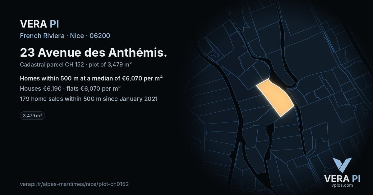 23 Avenue des Anthémis, Nice at night – the plot lit, the parcels around coloured by the prices near them