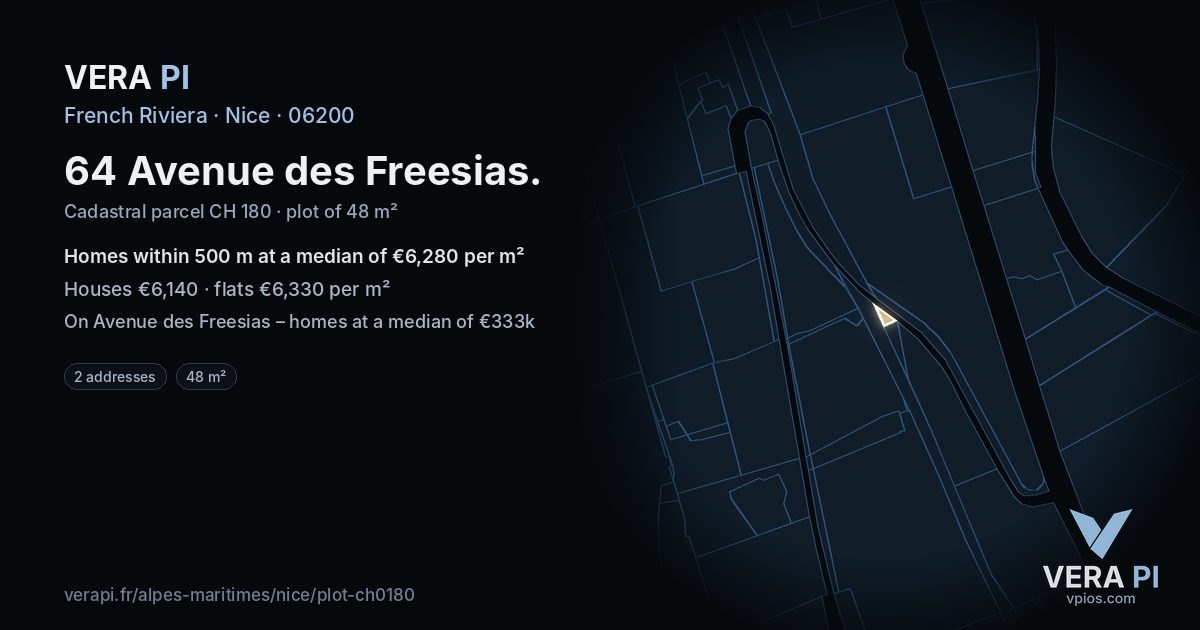 64 Avenue des Freesias, Nice at night – the plot lit, the parcels around coloured by the prices near them