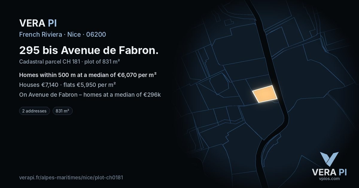 295 bis Avenue de Fabron, Nice at night – the plot lit, the parcels around coloured by the prices near them