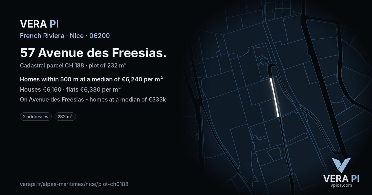 57 Avenue des Freesias, Nice at night – the plot lit, the parcels around coloured by the prices near them