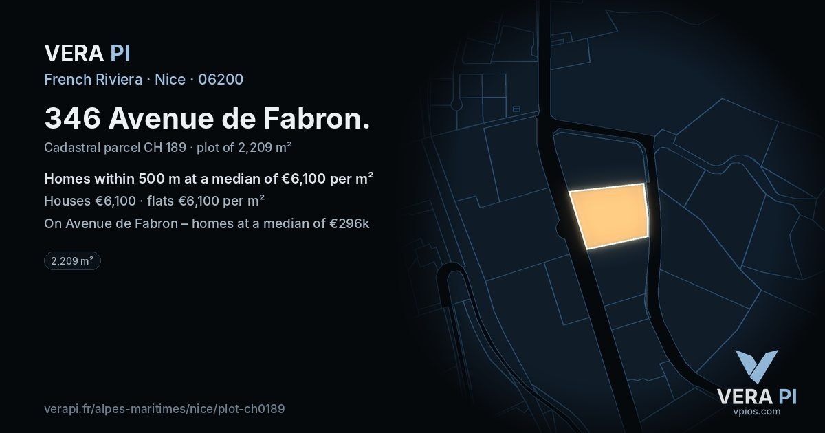 346 Avenue de Fabron, Nice at night – the plot lit, the parcels around coloured by the prices near them