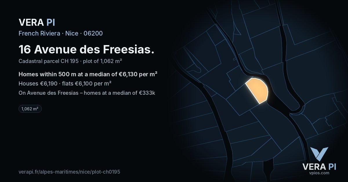 16 Avenue des Freesias, Nice at night – the plot lit, the parcels around coloured by the prices near them