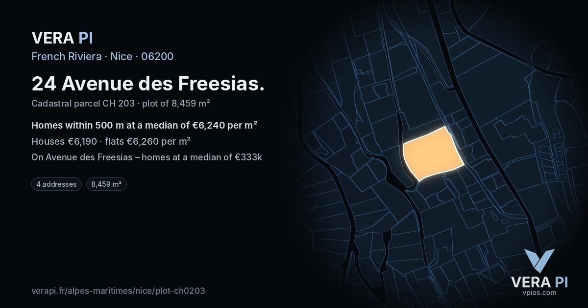 24 Avenue des Freesias, Nice at night – the plot lit, the parcels around coloured by the prices near them