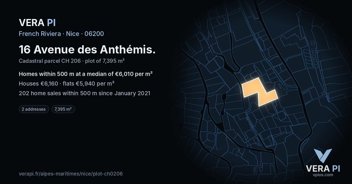 16 Avenue des Anthémis, Nice at night – the plot lit, the parcels around coloured by the prices near them