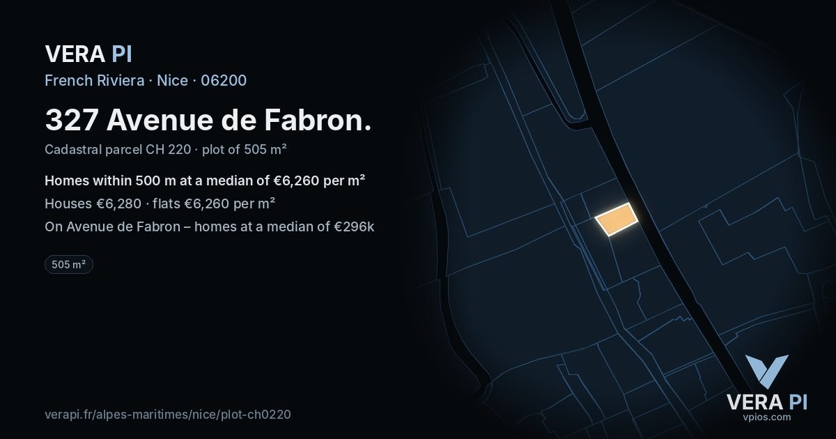 327 Avenue de Fabron, Nice at night – the plot lit, the parcels around coloured by the prices near them