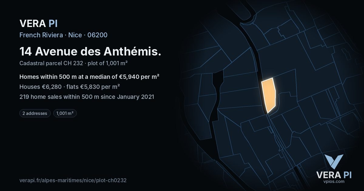14 Avenue des Anthémis, Nice at night – the plot lit, the parcels around coloured by the prices near them