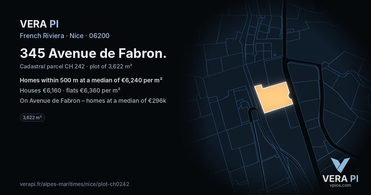 345 Avenue de Fabron, Nice at night – the plot lit, the parcels around coloured by the prices near them