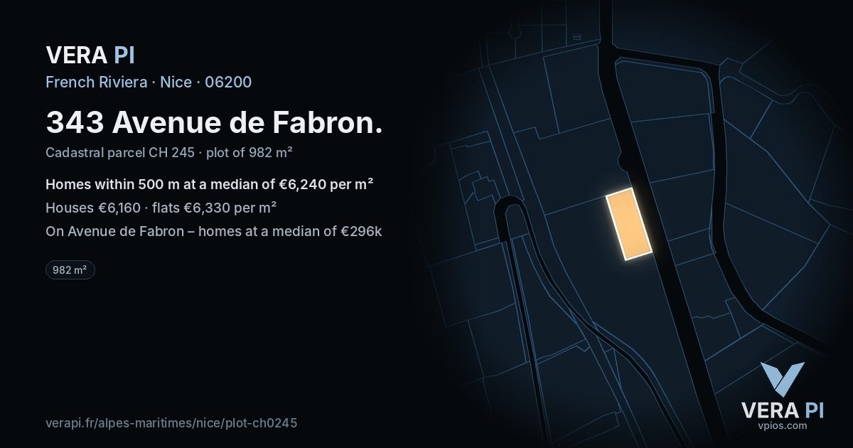 343 Avenue de Fabron, Nice at night – the plot lit, the parcels around coloured by the prices near them