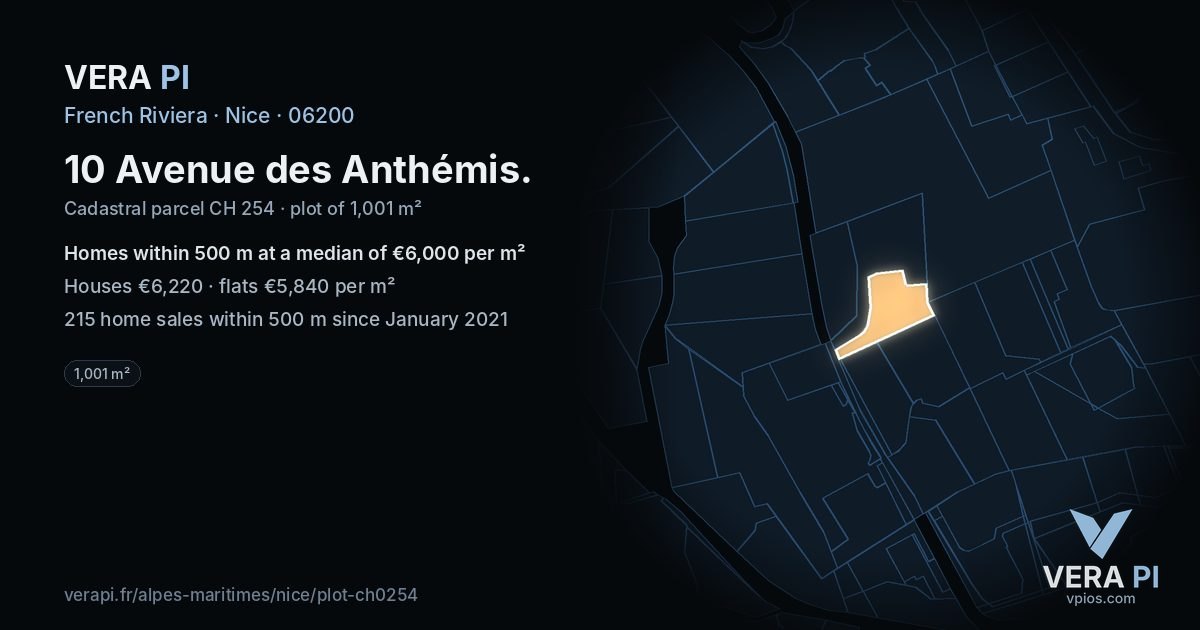 10 Avenue des Anthémis, Nice at night – the plot lit, the parcels around coloured by the prices near them