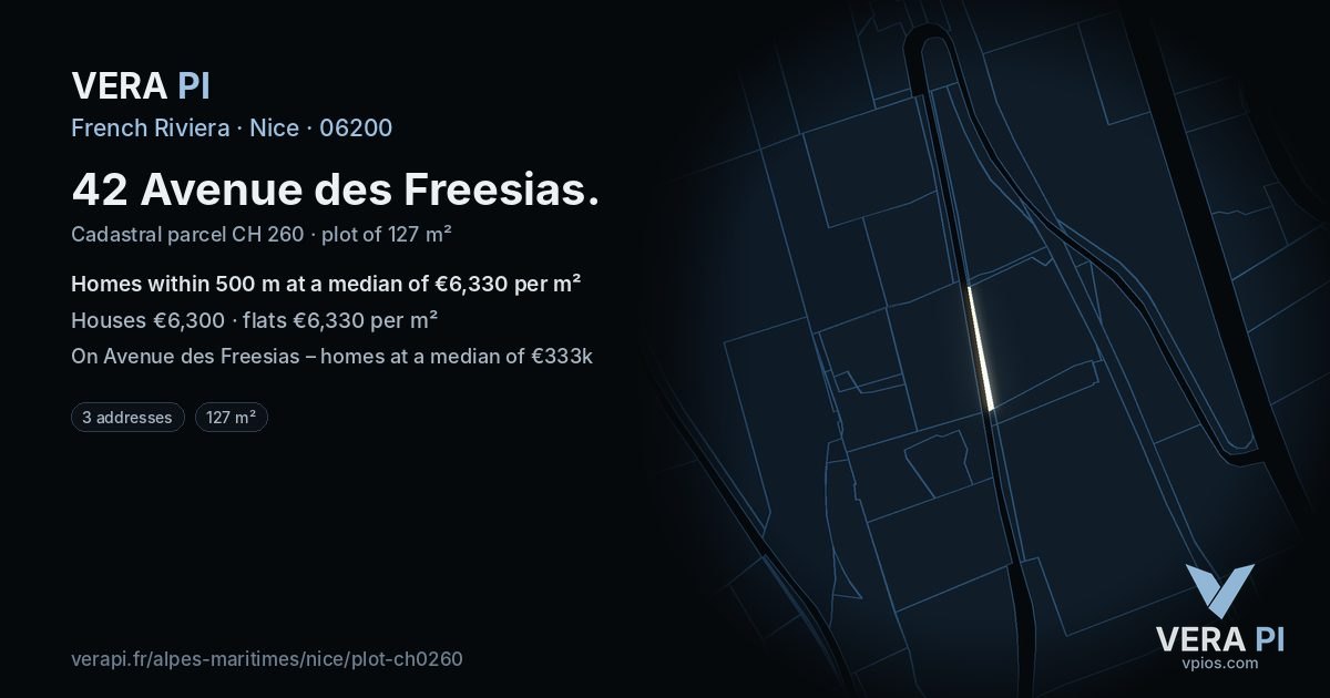 42 Avenue des Freesias, Nice at night – the plot lit, the parcels around coloured by the prices near them