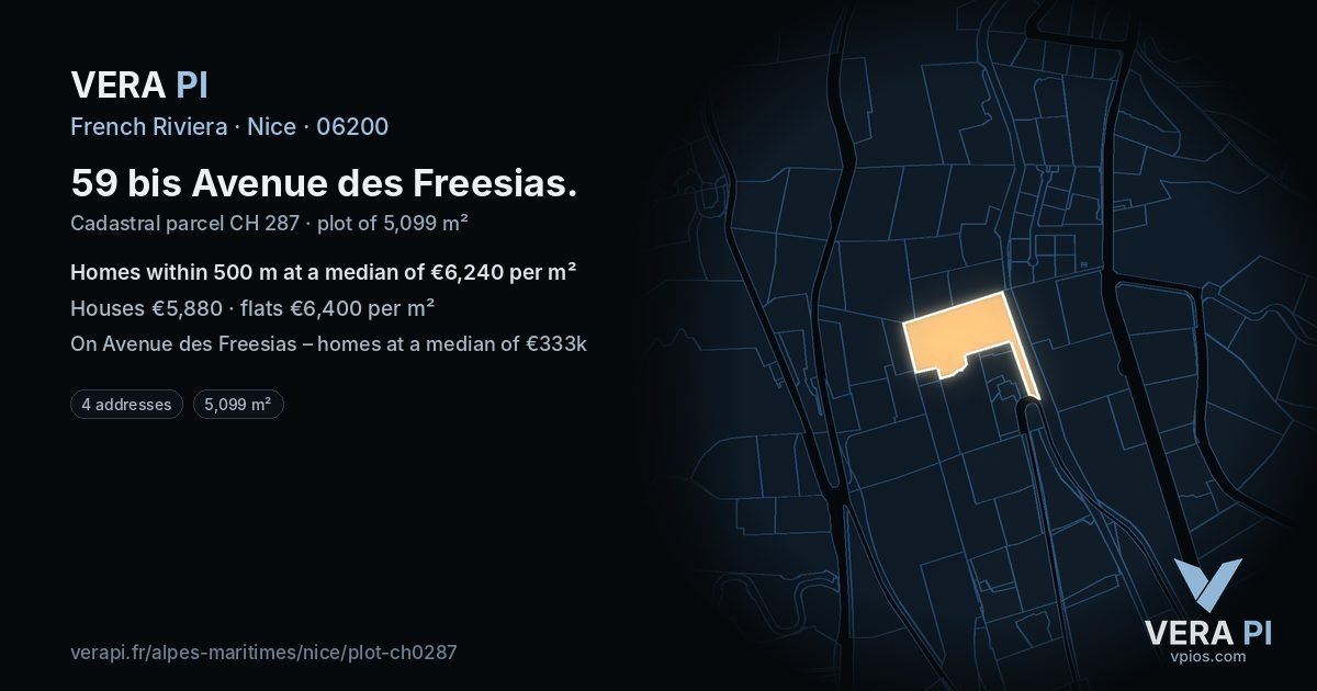 59 bis Avenue des Freesias, Nice at night – the plot lit, the parcels around coloured by the prices near them