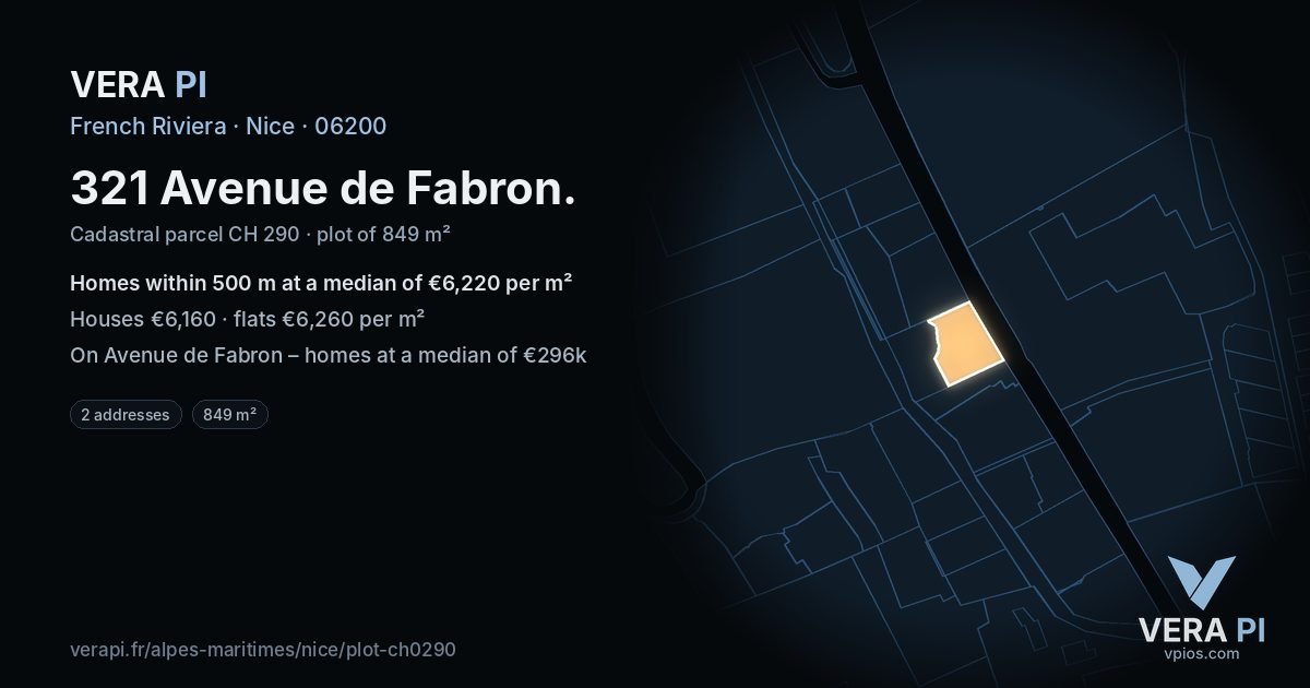 321 Avenue de Fabron, Nice at night – the plot lit, the parcels around coloured by the prices near them