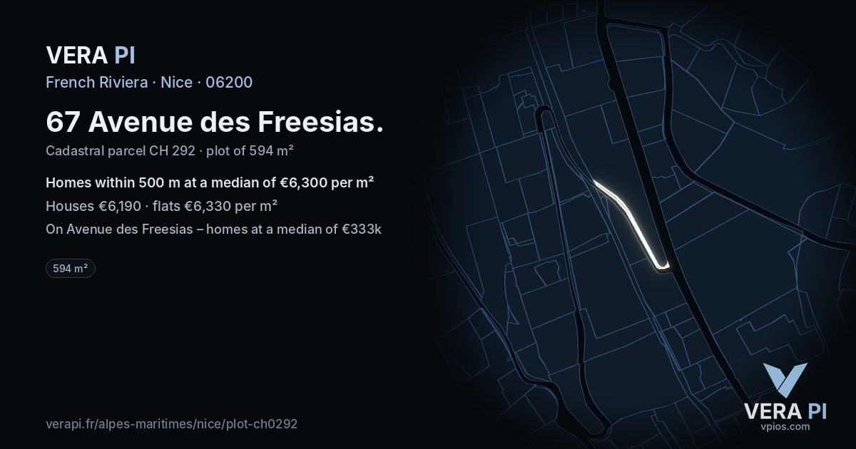 67 Avenue des Freesias, Nice at night – the plot lit, the parcels around coloured by the prices near them