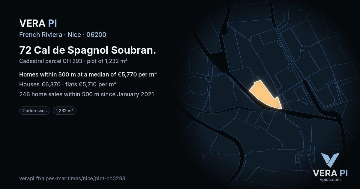 72 Cal de Spagnol Soubran, Nice at night – the plot lit, the parcels around coloured by the prices near them