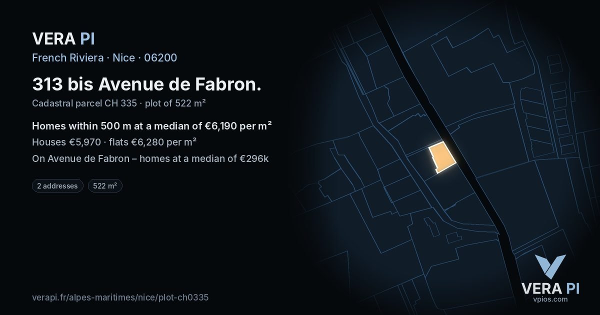 313 bis Avenue de Fabron, Nice at night – the plot lit, the parcels around coloured by the prices near them