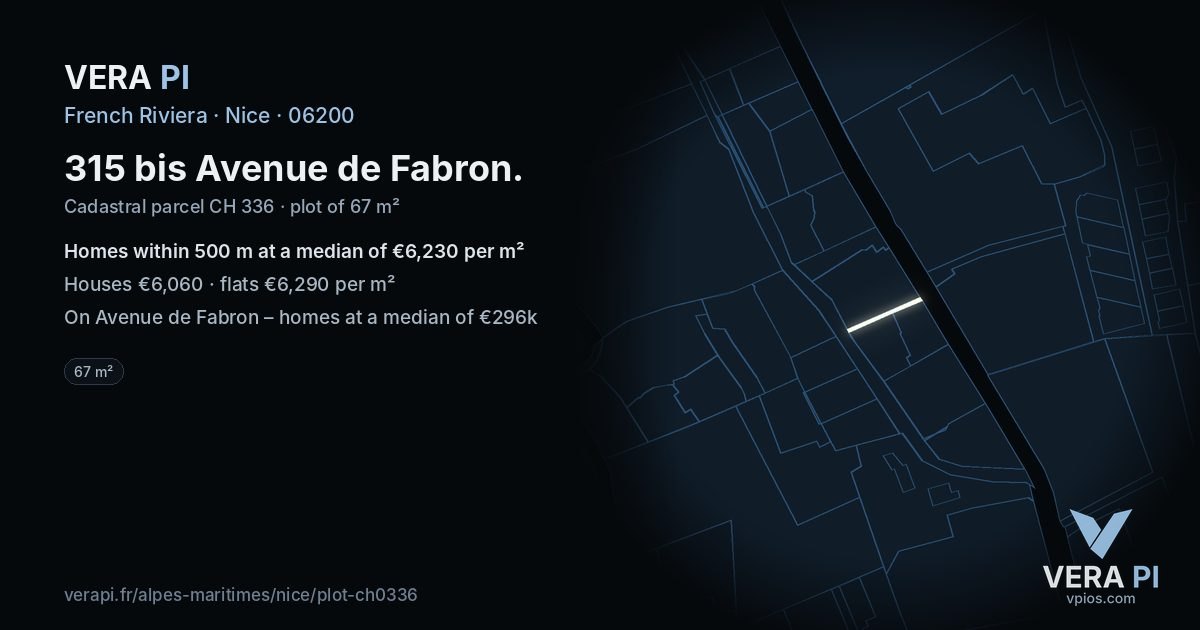 315 bis Avenue de Fabron, Nice at night – the plot lit, the parcels around coloured by the prices near them