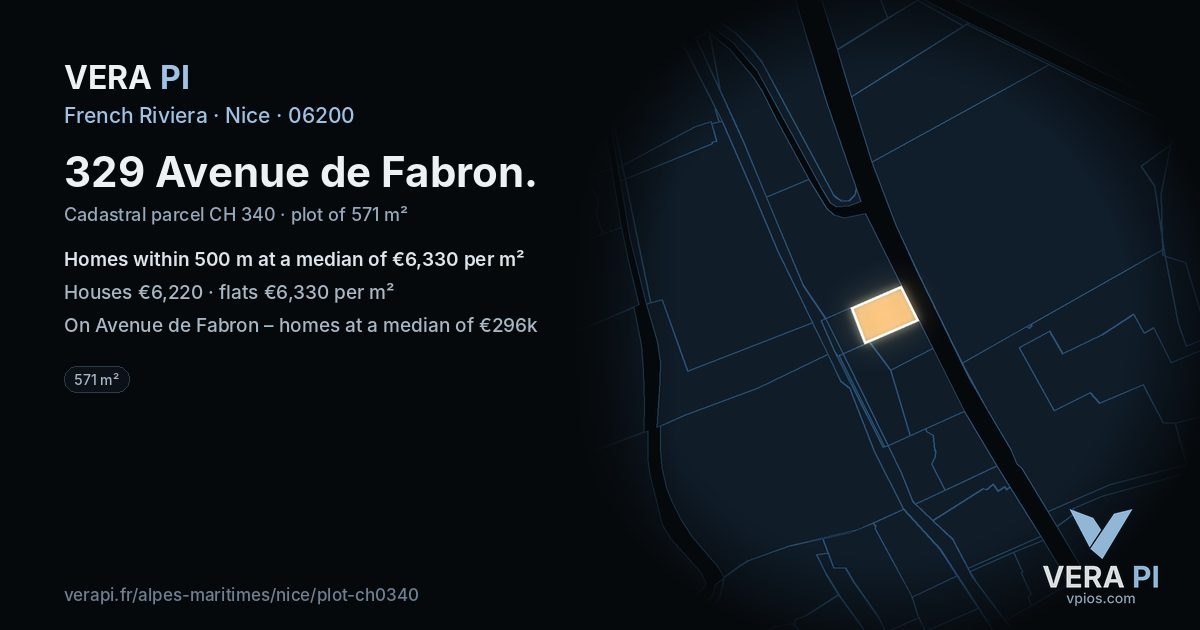 329 Avenue de Fabron, Nice at night – the plot lit, the parcels around coloured by the prices near them