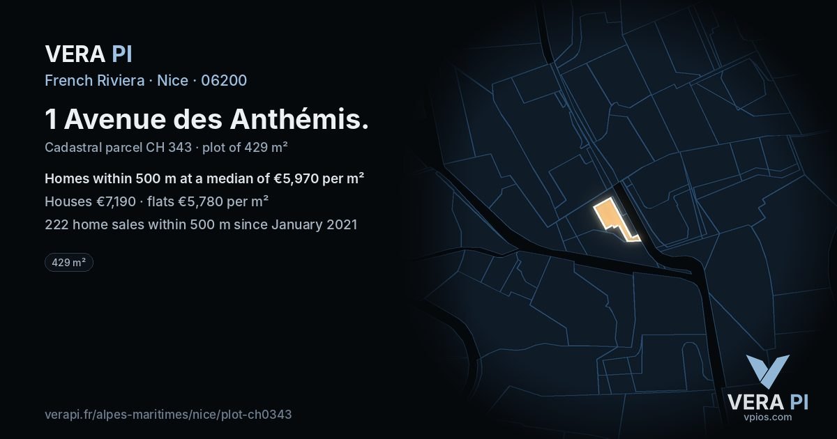 1 Avenue des Anthémis, Nice at night – the plot lit, the parcels around coloured by the prices near them
