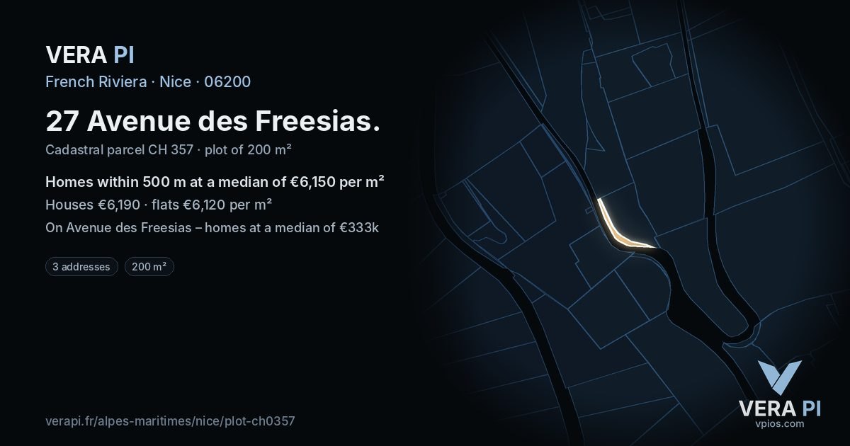 27 Avenue des Freesias, Nice at night – the plot lit, the parcels around coloured by the prices near them