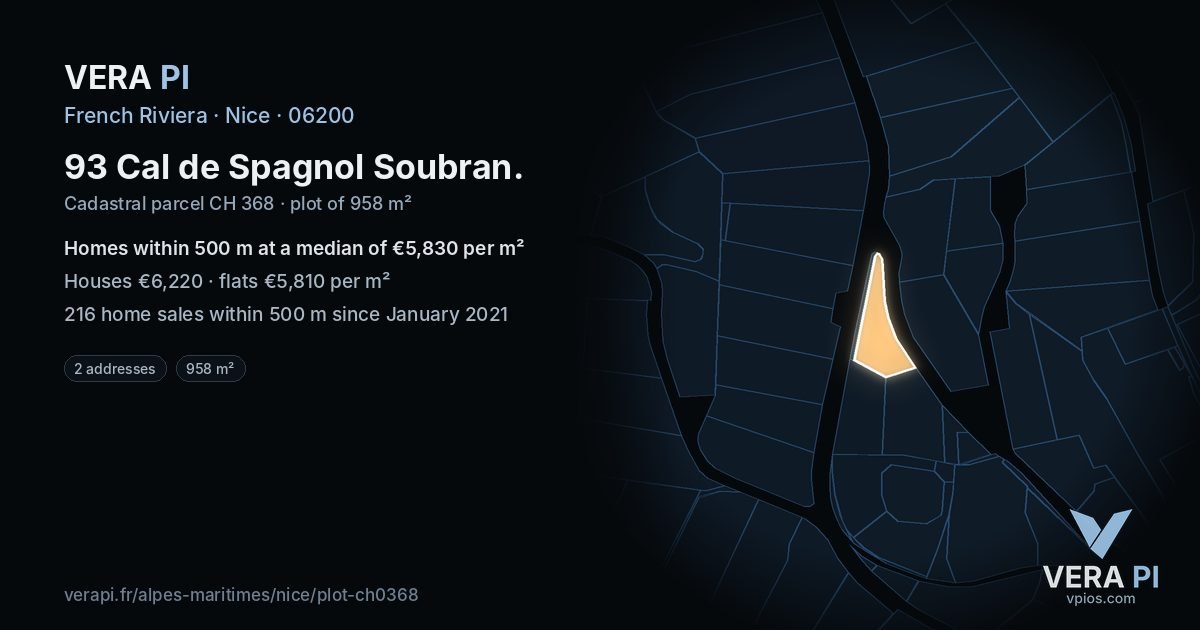 93 Cal de Spagnol Soubran, Nice at night – the plot lit, the parcels around coloured by the prices near them