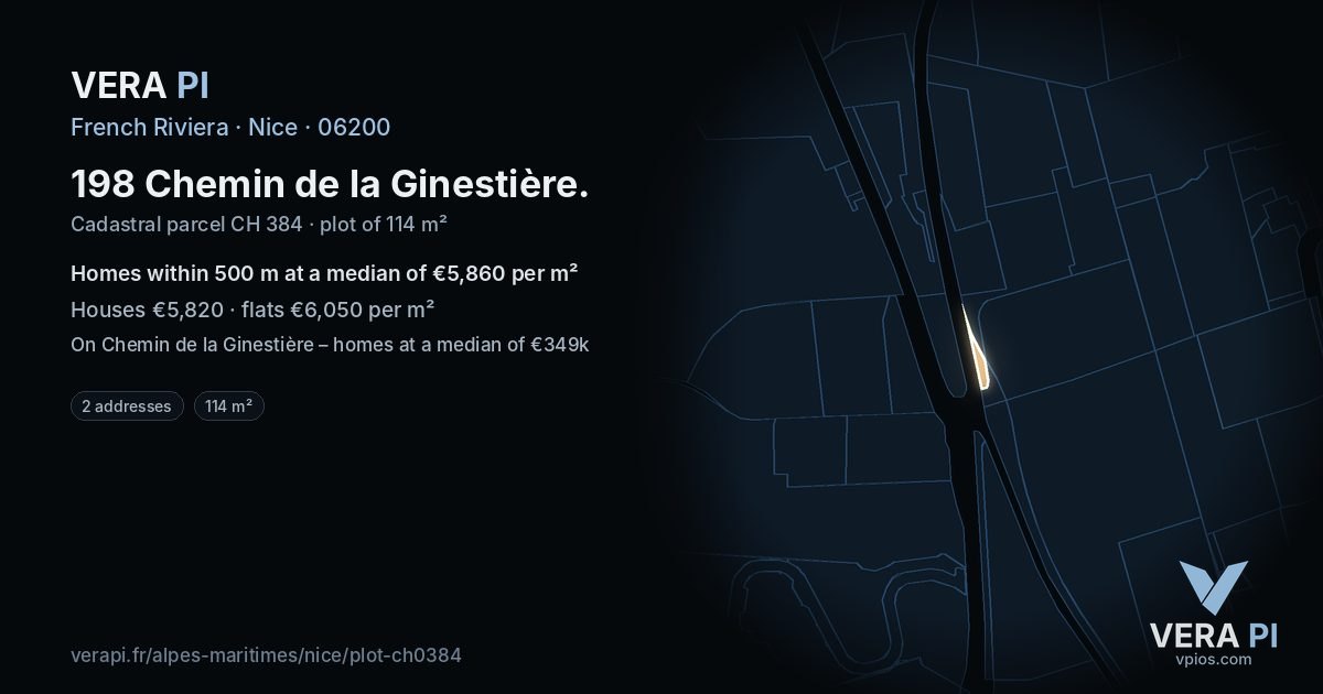 198 Chemin de la Ginestière, Nice at night – the plot lit, the parcels around coloured by the prices near them