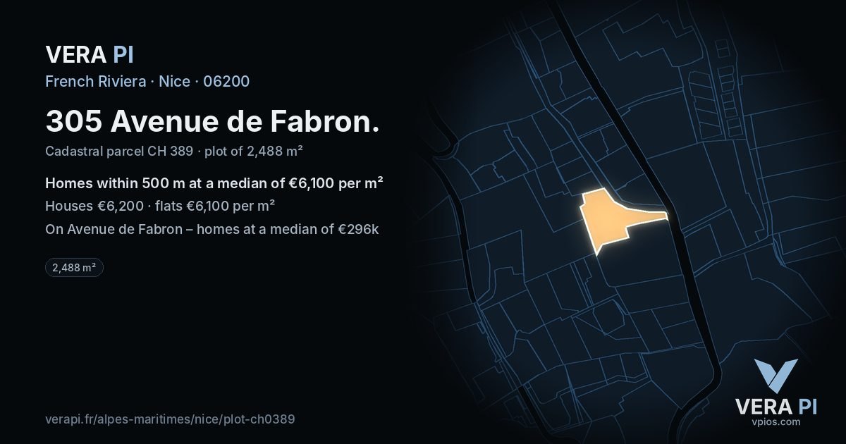 305 Avenue de Fabron, Nice at night – the plot lit, the parcels around coloured by the prices near them