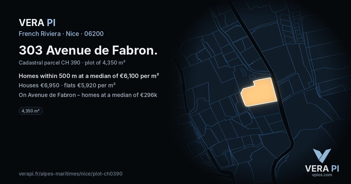 303 Avenue de Fabron, Nice at night – the plot lit, the parcels around coloured by the prices near them