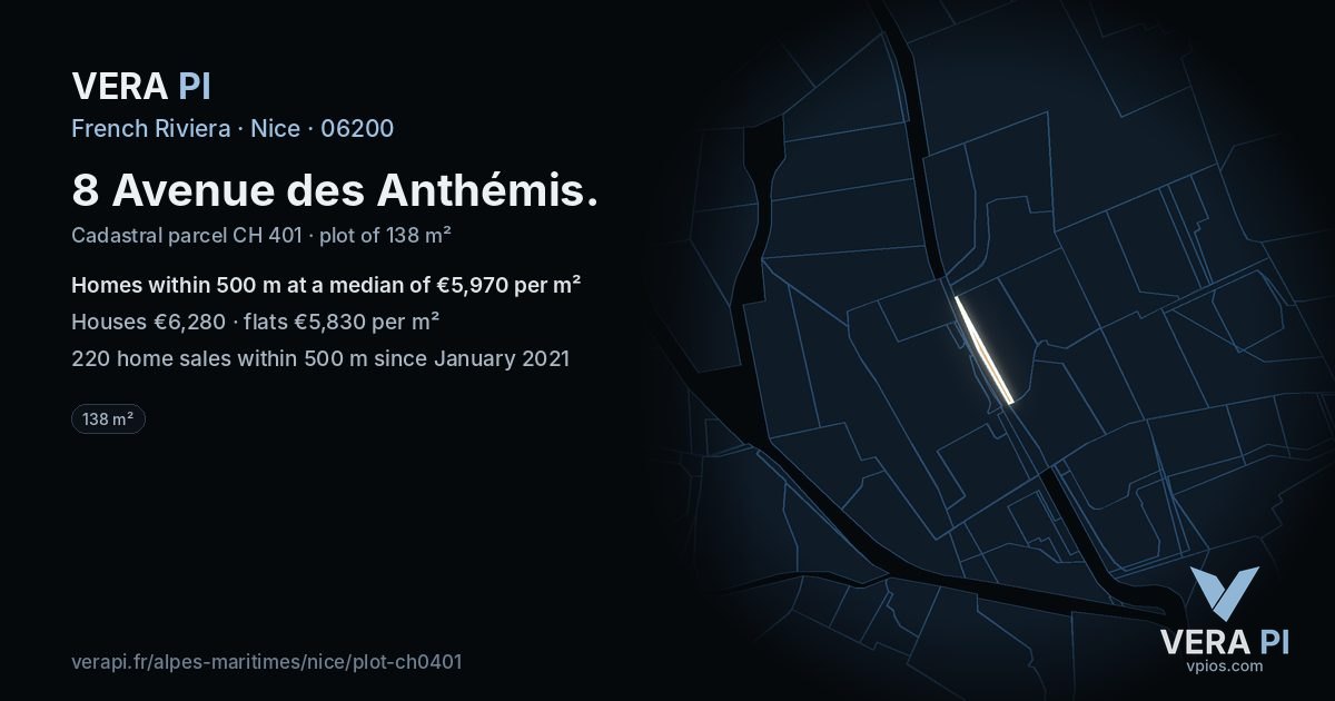 8 Avenue des Anthémis, Nice at night – the plot lit, the parcels around coloured by the prices near them