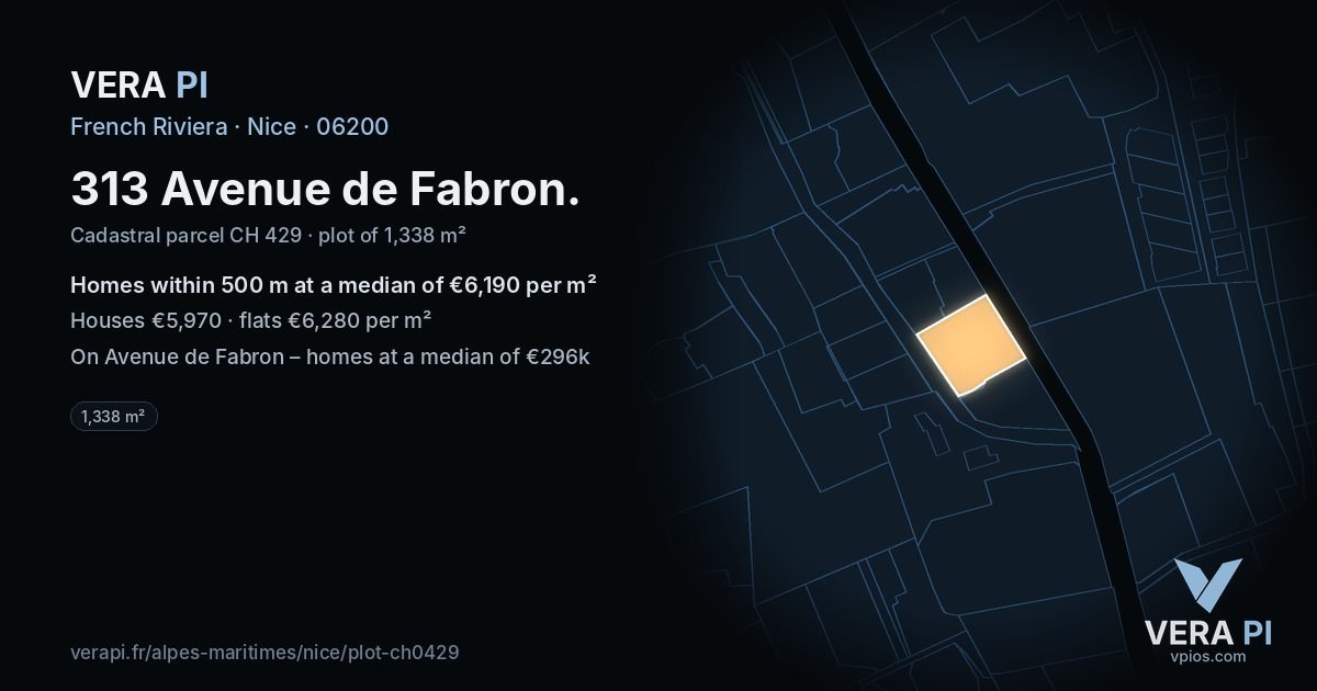 313 Avenue de Fabron, Nice at night – the plot lit, the parcels around coloured by the prices near them