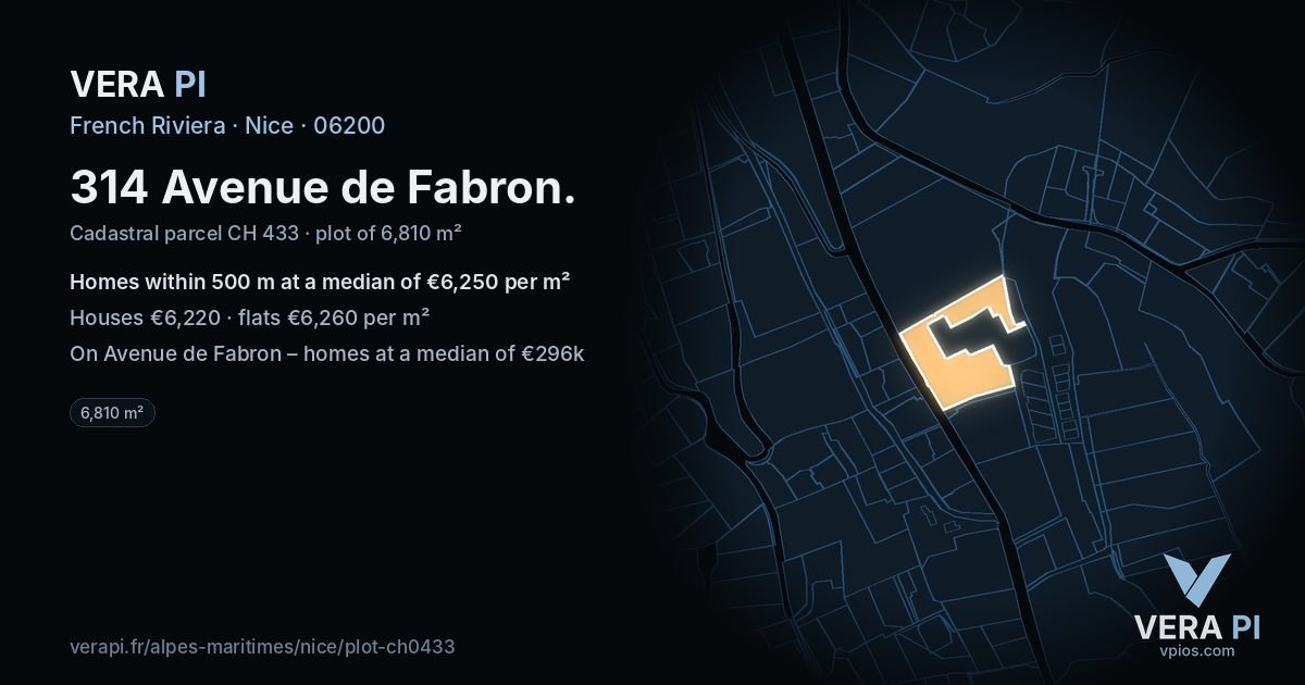 314 Avenue de Fabron, Nice at night – the plot lit, the parcels around coloured by the prices near them