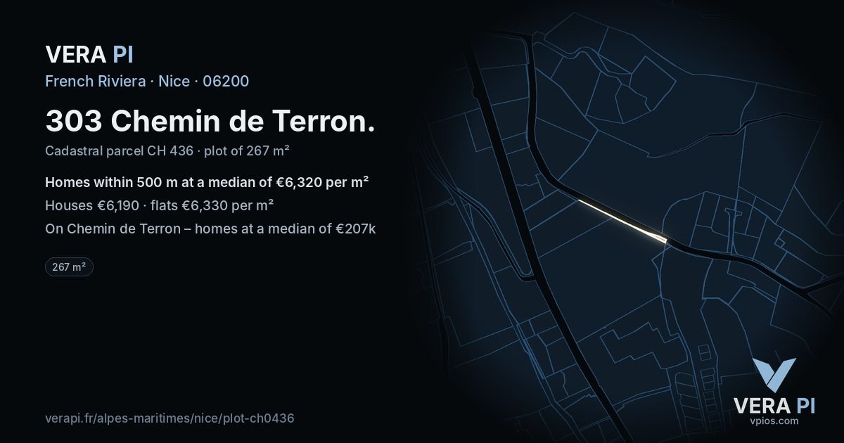 303 Chemin de Terron, Nice at night – the plot lit, the parcels around coloured by the prices near them